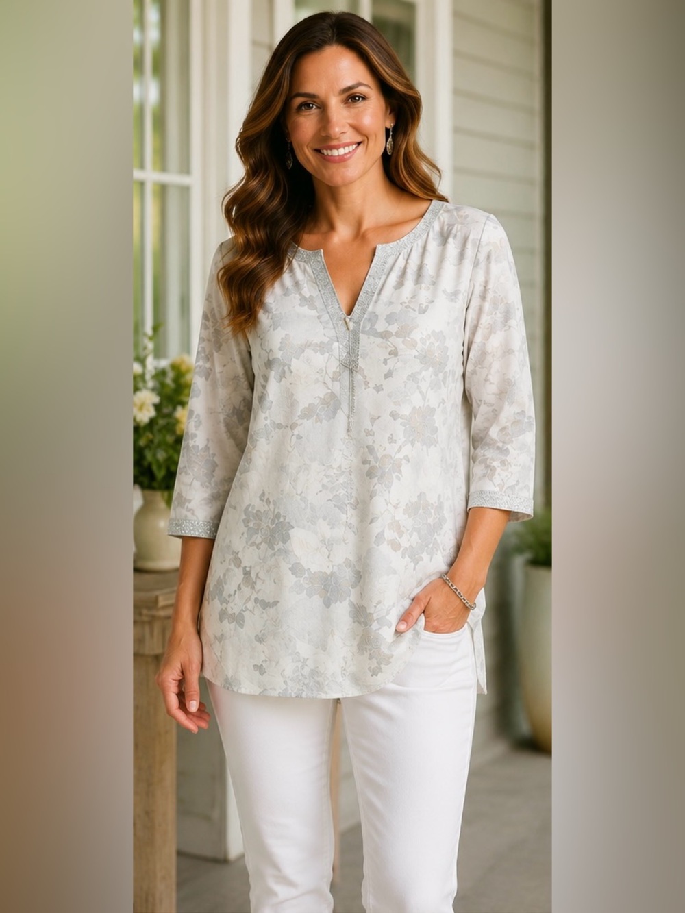 Chico’s Gray & White Floral Tunic Top Sparkly Trim Size 1 Boho Casual‎